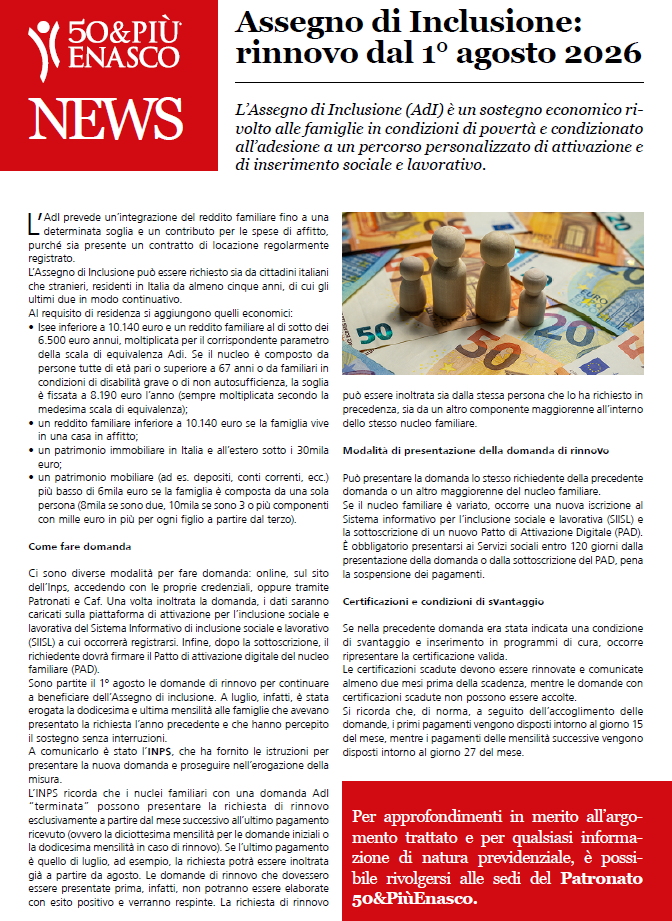 Assegno di Inclusione: 1° agosto 2026